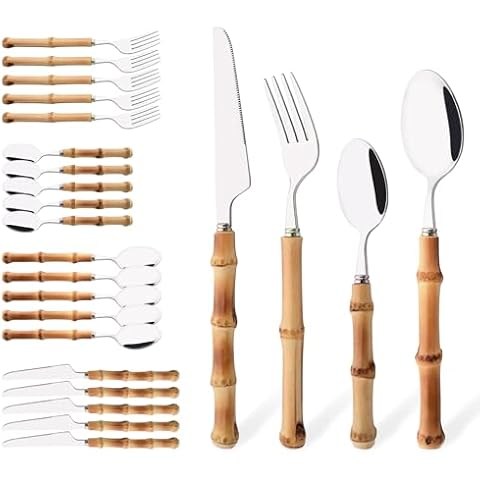Uniturcky Bamboo Silverware Ser, 24-Piece Natural Bamboo Flatware Cutlery Set for 6, Stainless Steel Silver Head with Bamboo Handle, Include knife Fork Spoon Utensil for Daily Use and Party, Reusable Cover