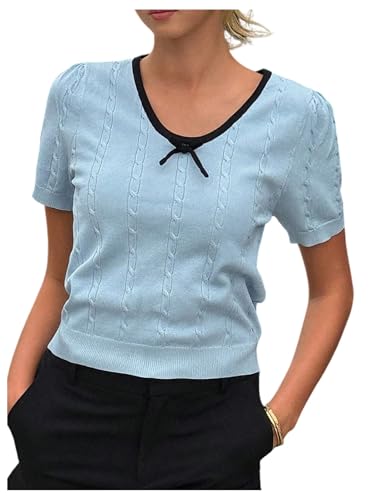 SOLY HUX Women's Short Sleeve Sweater Bow V Neck Knit Summer Casual Going Out Tops