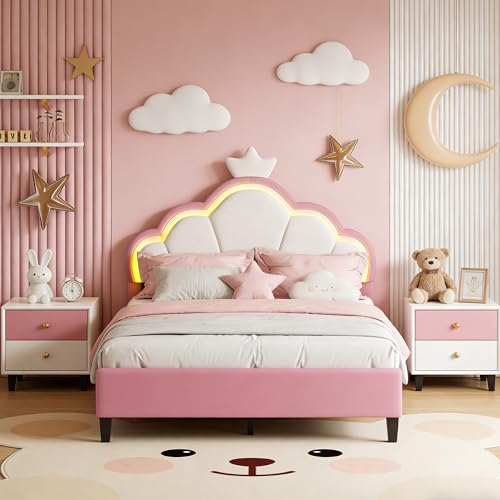 DAHUEN   Cama infantil de 90 x 200, cama individual con somier de láminas e iluminación LED, camas de princesa niña, camas rosa, con cabecera de cama acolchada ajustable en forma de nube y decoración