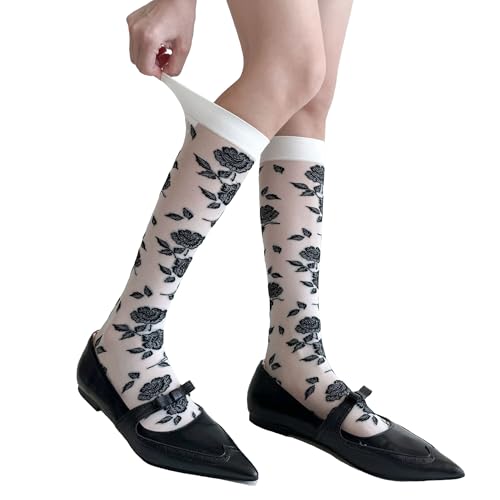 Leegmvse Women's Opaque Knee High Socks Elegant Vintage Floral Patterned Stockings Elasticity Stretchy Dress Socks for Daily Wear, Party, Dating & Fashion Outfits