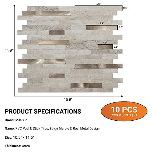 Milesun 10 Sheets Peel And Stick Pvc Backsplash Mosaic Tile, 10.5 Inch X 11.5 Inch Stick On Tiles For Backsplash Kitchen, Bathroom, Laundry Room, Camper, Fireplace (Beige Marble With Real Metal) #TOP1