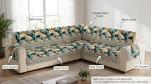 Image of Luxury Sofa Cover L Shape 6 Seater with Matching Cushion Cover 16x16 inch - Teal Abstract Floral 3+3 Seater (6 Seater) Quilted Sofa Cover Set Pack of 11, Washable, Teal Mustard Multi