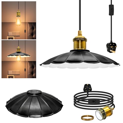Image of Vintage Plug in Pendant Lighting, 500 CM Brass E27 Lamp Holder Suspended Pendant Light Fitting Kit, Industrial Hanging Lamp with Plug and Switch, Removable Metal Lampshade Ceiling Light, for Kitchen