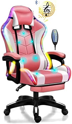 FXXXYSH Video Recreation Chair, Reclining Chair/Retractable Footrest,Gaming Chair Therapeutic massage with Bluetooth Audio system LED Lights, Ergonomic PU Leather-based Excessive Again Pc Chair,Pink