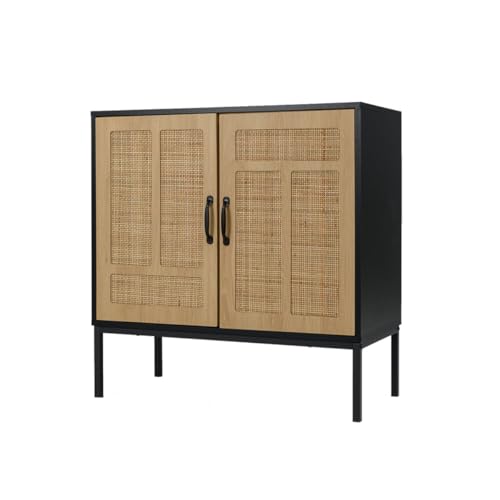 GOPLUS Armario de Almacenamiento, Aparador de Buffet con 2 Puertas de Ratán Natural, Estante Ajustable en 3 Posiciones, Patas Metálicas, Kits Antivuelco, Mueble de Pie para Cocina, Comedor (Negro)