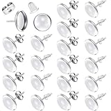 200 Pieces Stud Earring Kit, Including 50 Pieces 12 mm Stainless Steel Blank Stud 50 Rubber Back, 50 Pieces 12 mm Clear Glass Cabochons 50 Stainless Steel Earring Back for DIY Making (Silver)