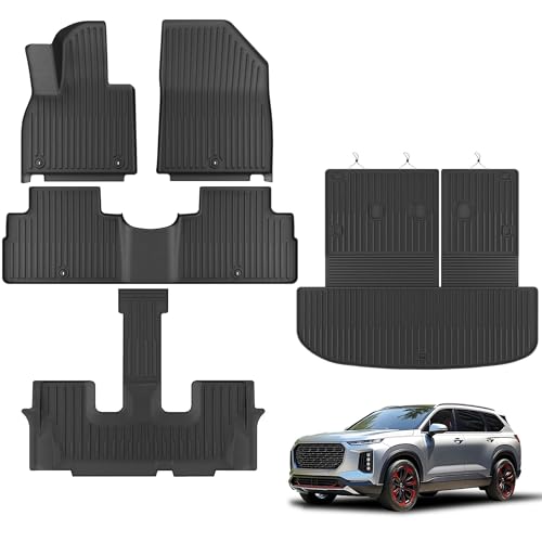 KARPAL Floor Mats Fit for Hyundai Palisade 2020 2021 2022 2023 2024 2025 7/8 Passenger All Weather TPE Car Mats Cargo Liners Accessories 1st & 2nd & 3rd Row & Cargo Liner with Backrest Mat