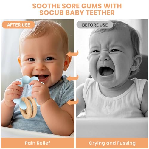 Image of Socub Baby Teething Toys for 0-6 6-12 Months | BPA-Free Food-Grade Silicone & Natural Beech Wood Teether Ring for Newborn Infants Teething Relief | Easy-Grip Sensory Rattle Toys(Baby Blue)