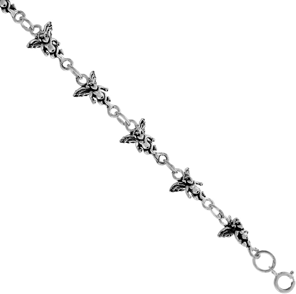 Dainty Sterling Silver Guardian Angel Bracelet for Women 3/8 wide 7.5 inch long
