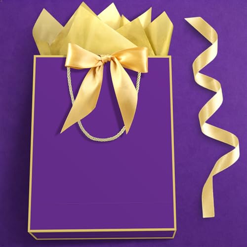 Image of JMANNI 1PCS Large Gift Bag with Ribbon and 1 Greeting Card 2 Tissue Papers, Portable Paper Gift Bag with Handles, Birthday Present Bags for Wedding Party,Mother's Day 12.6 inch x 9.8 inch x 3.9 inch(purple gold)