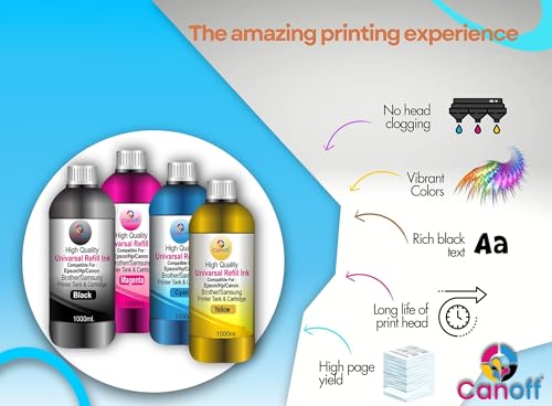 Image of CANOFF Multicolor Refill Ink Compatible for Can: E470, E477, E400, E410, E417, E560, E3370, E4570, Mg2577S, MG2570S and G Series Printers G1100 /G2100 /G3100 Printer (Cannon Printer Refill Ink, CMYK)