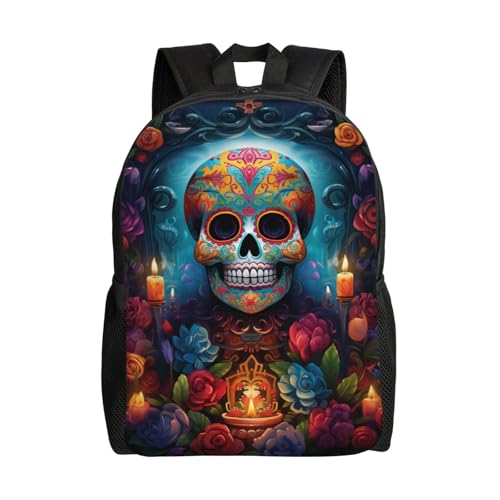 Sugar Skull Day of The Dead Flowers Backpack Simple Leisure Travel Backpack Outgoing Daypack 16 inch