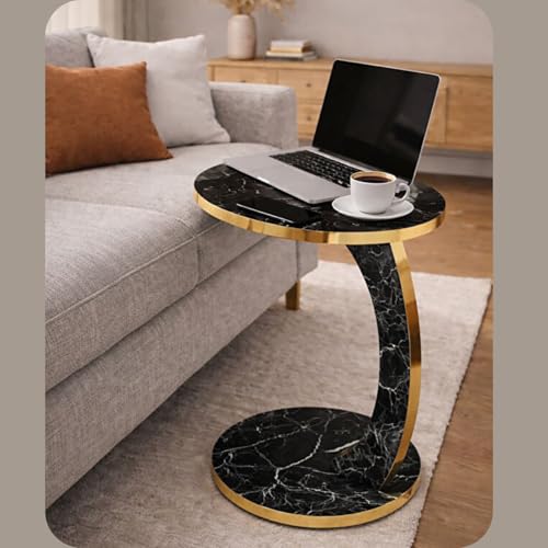 Luxury C Shaped Golden Effect Slide Under Couch Side Table, Black Marble by Furpinea - Used condition - Image 4