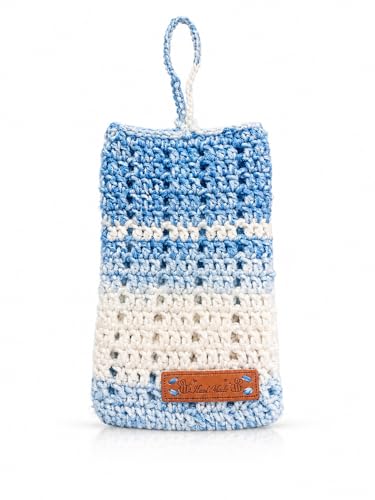 Image of Handmade Crochet Mobile Pouch for Women & Girls | Knitted Phone Holder with Wrist Strap | Cute Floral Aesthetic Mobile Cover Case | Soft Yarn Handmade Gift (SkyBlue)