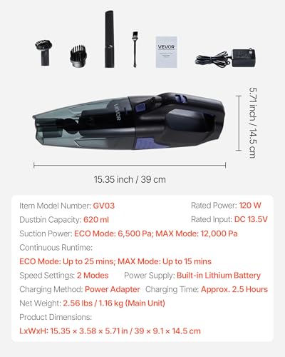 Image of VEVOR Handheld Vacuum, Portable Vacuum Cleaner Cordless with HEPA Filter and Brushes, Lightweight Hand Held Cleaner with Powerful Suction, for Car, Home, Office, Pet Hair