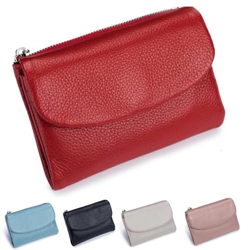 Unisex Pebble Leather Wallet, Small Wallets for Women, Coin Holder & Cash Slots, Genuine Leather Wallets for Men and Women, Small Compact Bifold Pocket Purse with Credit Card Holder (Red)