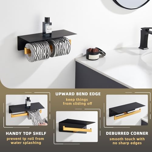 Image of Angle Simple Bathroom Toilet Paper Holder with Phone Shelf, Black and Gold | SUS304 Stainless Steel, 2 in 1 Tissue Roll Holder, Double Roll Storage, Top Shelf for Phone Wet Wipe Small Item, Screw Mount