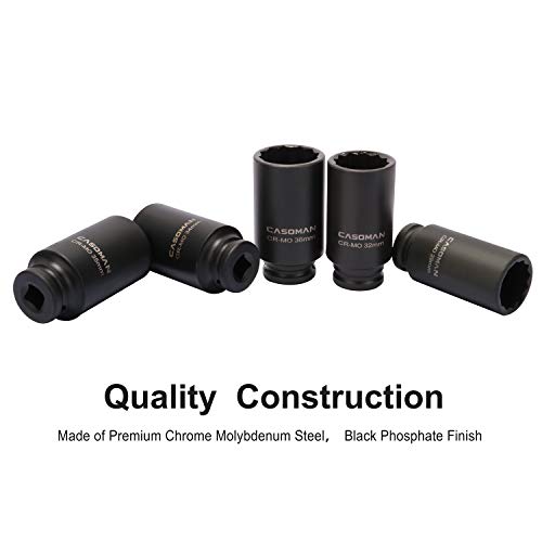 Casoman 1/2-Inch Drive Deep Spindle Axle Nut Impact Socket Set,12 Point, Metric, Cr-Mo, 29,30 32 34 35,36,38,39Mm 8 Piece 1/2" Heavy Duty Impact Socket Set #TOP5