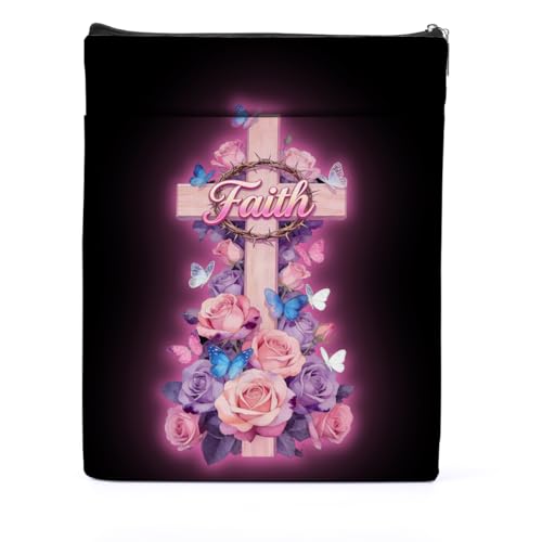 Floral Bible Cross Book Sleeve, Book Lovers Gifts Sleeve with Zipper & Front Pocket, 11.4x8.8 Inch Canvas Books Cover Protector Bookish Bible Gifts for Readers Librarian Women Teacher