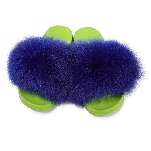 Women's Fox Fur Slides Furry Slides for Outdoor Fluffy Sandals Open Toe Fur Slippers(Green/Blue,8.5)