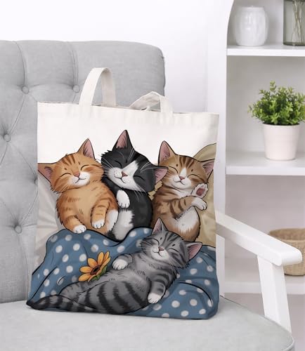 Image of Cute Cat Canvas Tote Bag for Women, Aesthetic Reusable Shoulder Bag for Shopping Travel Work