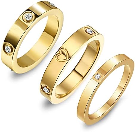 CHUQIU 3PCS Love Friendship Ring for Women 18K Gold Silver Rose Plated Cubic Zirconia Rings Stainless Steel Promise Ring Wedding Band Ring Birthday Jewelry Gifts for Her Gold