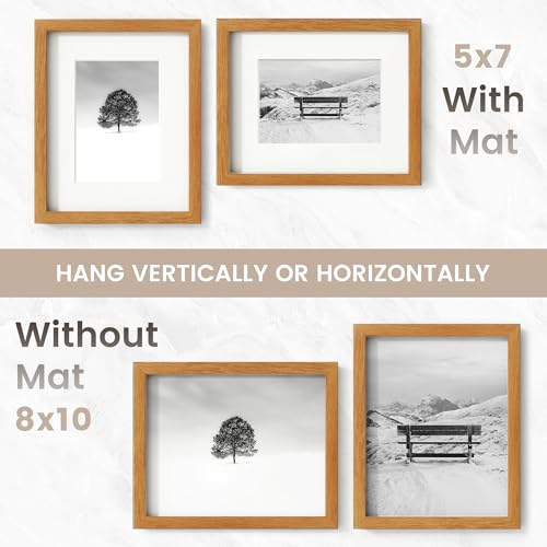 Image of 8x10 Picture Frame, USA-Sourced Natural Teak Wood Photo Collage Frame with HD Tempered Glass, Modern Simple 8 x 10 Wooden Frame Matted to 5x7, Gallery Wall Frames for Art, Wall or Tabletop Display