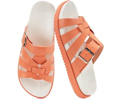 Image of KuaiLu Gladiator Sandals for Women with Comfortable Arch Support Summer Beach Walking Fisherman Slides Boho Outfits Flats Slip on Cushion Shoes Indoor Outdoor
