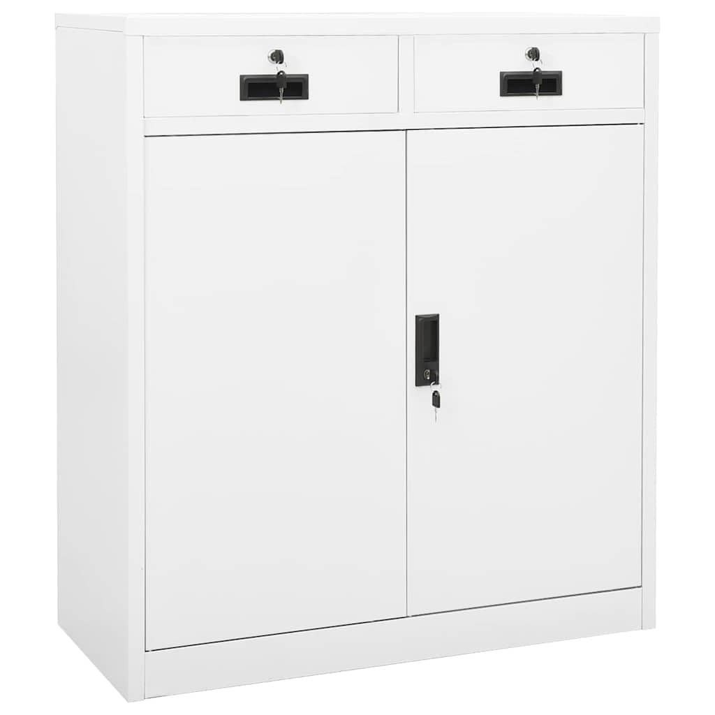 Biała szafka biurowa ze stali 90 x 40 x 102 cm z 2 wkładanymi półkami o regulowanej wysokości, zamykanymi szufladami, klamką i zamkiem do biura, warsztatu, piwnicy, gospodarstwa domowego