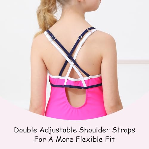 Belovance Girls Swimsuits One Piece Athletic Bathing Suit Size 6 7 Double Adjustable Straps Back Cutout Sporty Color Block Kids Children Pool Beach Swimwear Quick Dry (Rose Red, 6-7 Years)4