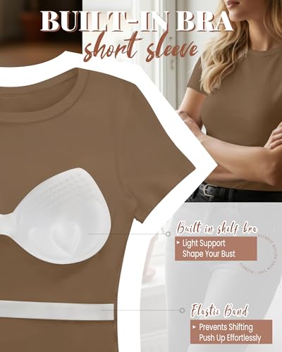Image of Evervibe Women Built-in Bra Short Sleeve Shirts Crewneck T-Shirt Slim Fit Going Out Tops Casual Summer Basic Tees
