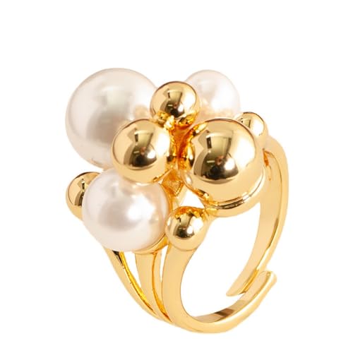 Kokoma Delicate Pearl Cluster Ring for Women Open Adjustable Statement Finger Ring Multi Bead Fashion Band Elegant Stackable Party Wedding Jewelry