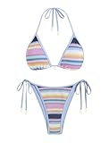 ZAFUL Damen-Bikini-Set, Colorblock-Streifen, Triangel-Neckholder, gebunden, frecher Tanga, hoher Schnitt, zweiteiliger Badeanzug, 2-Blau 77, Medium