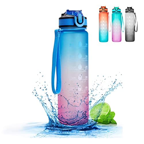 Otcmuky Sports 1 ltr Water Bottle with Time Markings & Straw