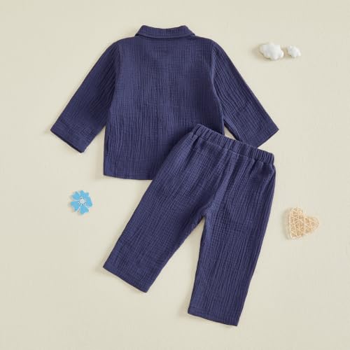 Image of VISGOGO Toddler Boy Linen Outfit Baby Boy Fall Winter Clothes Set Button-Down Shirt Tops Cotton Linen Pants 2PCS