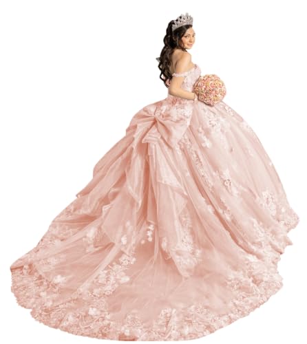 Mauuwy 3D Flower Quinceanera Dresses with Bow Off Shoulder Sweet 16 Dresses Sweetheart Applique Vestido De 15 Años