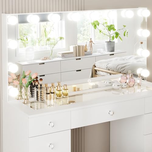 VOWNER Lighted Makeup Vanity with 11 Drawers and 3 Color Modes, White
