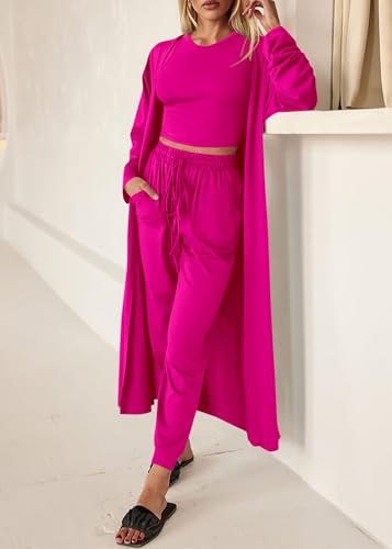 KIRUNDO 3 Piece Lounge Sets for Women Airport Travel Vacation Outfits 2026 Fall Cardigan Matching Sleeveless Top Jogger Pants(Rose Red, Medium) — view 4