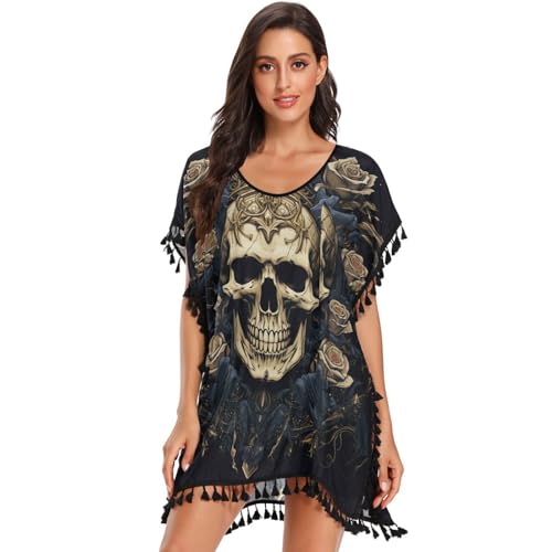 Princess Golden Skull Rose Women's Beach Cover Up Chiffon Tassel Swimwear Swimsuit Coverups for Girl