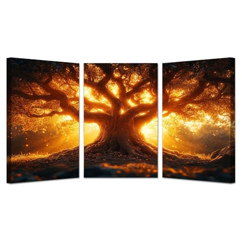 Lot de 3 posters salon arbre de vie dorés 30x45cm encadrés
