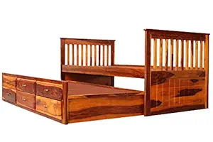 APRODZ Sheesham Wood Oyster Daybed with Trundle Bed and with Drawer Storage for Home | Bed for Bedroom, Teak Finish