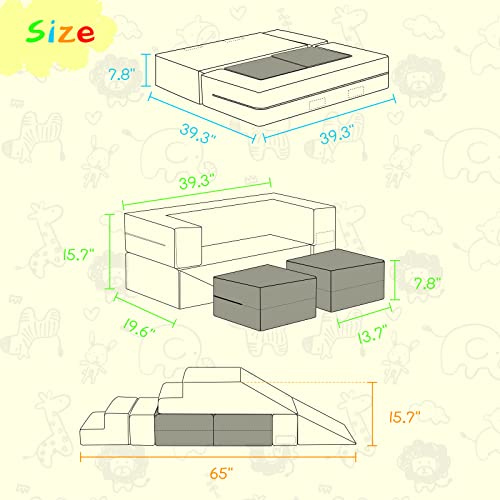 Modular Kids Play Couch, Soft Play Climbing Blocks Convertible Toddlers Sofa and Indoor Playset Foldable Floor Cushion with 2 Ottomans for Playroom Bedroom - Image 3