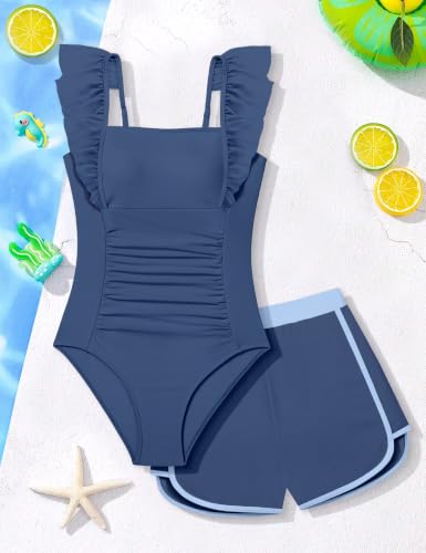 Image of NECIOUS Girls Swimsuit Ruffle Adjustable Straps One Piece Bathing Suit Solid Color Ruched Girls' Swimwear 9-16Y