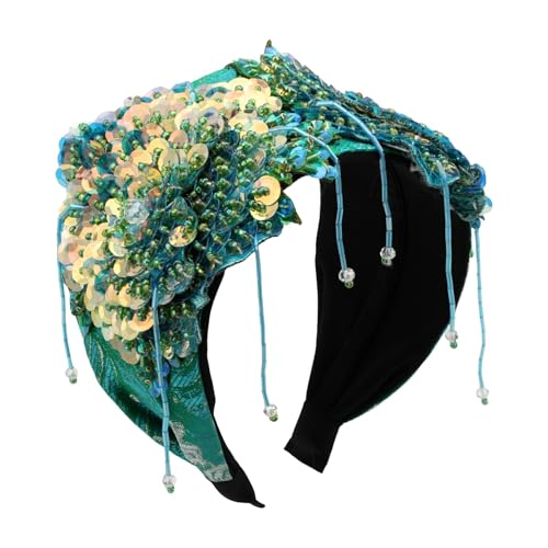 Florate Luxury Handmade Headband Hair Accessories Big Flower Sequins Bead Bling Bling Leaf Baroque Hairband for Women Party (HDDY1082-green)