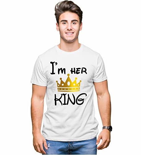 Image of Hangout Hub Hangout-Hub850$P Couple T Shirts for Couples | Printed I Am Her King His Queen T-Shirt for Men Women Couples (Set of 2 | Regulat Fit | Cotton)