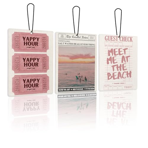 KDHTY Retro Pink Beach Lavender Car Air Freshener 3, Meet Me at the Beach Guest Check Tickets Scents Air Freshener for Women Girls, Coastal Ocean Beachy Car Accessories Interior Mirror Decor Hanging
