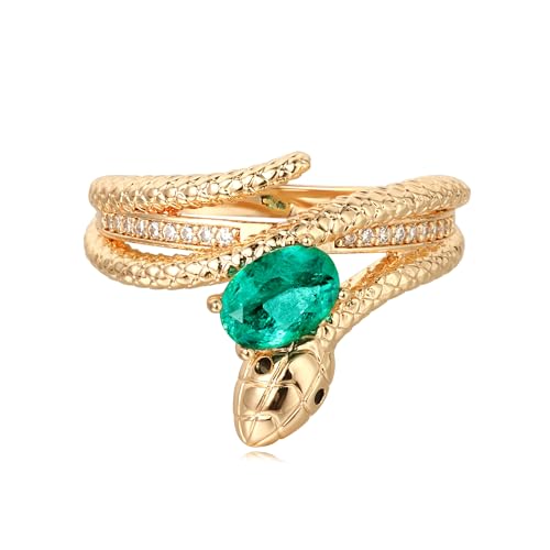 Valloey Rover Emerald Ring-Chunky Gold Rings for Women Non Tarnish 14K Gold Plated Stackable Vintage Snake Green Gemstone Solitaire Rings Statement Wedding Engagement Promise Ring Jewelry Gifts for Women Mom2