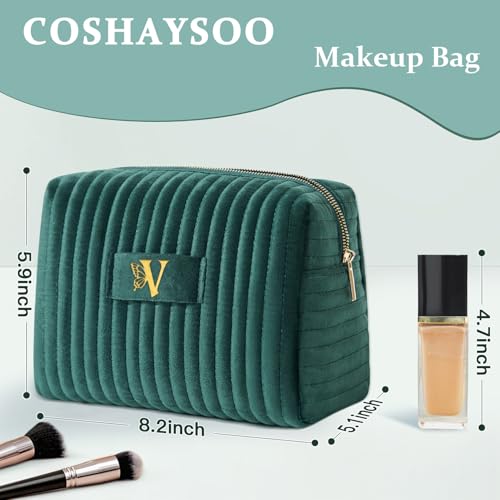 Image of COSHAYSOO Birthday Gifts for Teens College Big Sister Girls Trip Gifts Favors Travel Makeup Bag Quilted Make Up Pouch Initial Velvet Cosmetic Case with Butterfly Decorations for Women Green Letter V