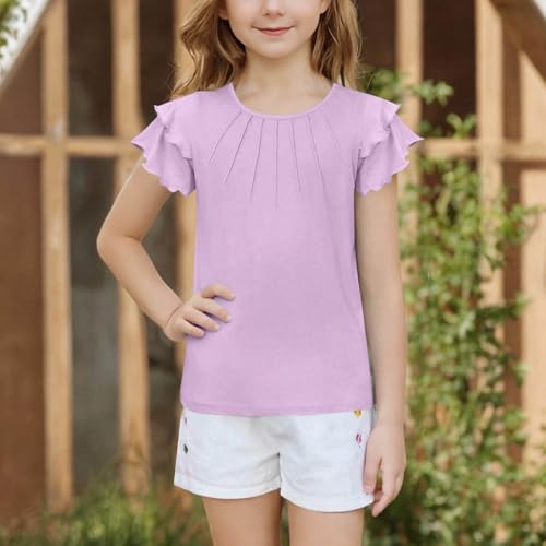 Girls Ruffle Sleeve Top Short Sleeve T Shirts Plain Kids Summer Tshirt Pleated Crewneck Loose Soft Tee Aesthetic3