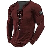 Mens Distressed Henley Shirts Long Sleeve Slim Fit Basic T-Shirt Summer Casual Lace Up Beach Renaissance Viking Top Tee Wine Red